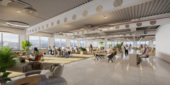 Spacious open-plan office at New Yards Haymarket with panoramic city views, collaborative seating areas, large windows, and modern industrial-style ceiling design.