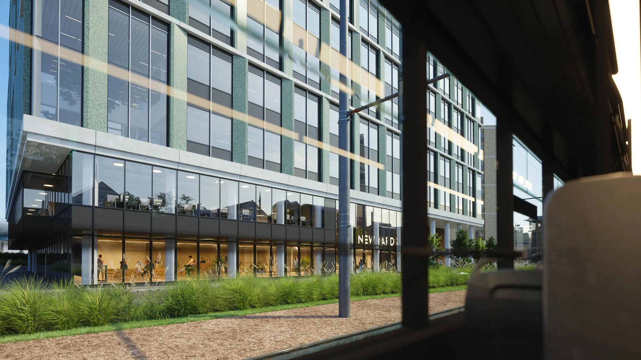 Street view rendering of the new New Yards Haymarket office building from train 