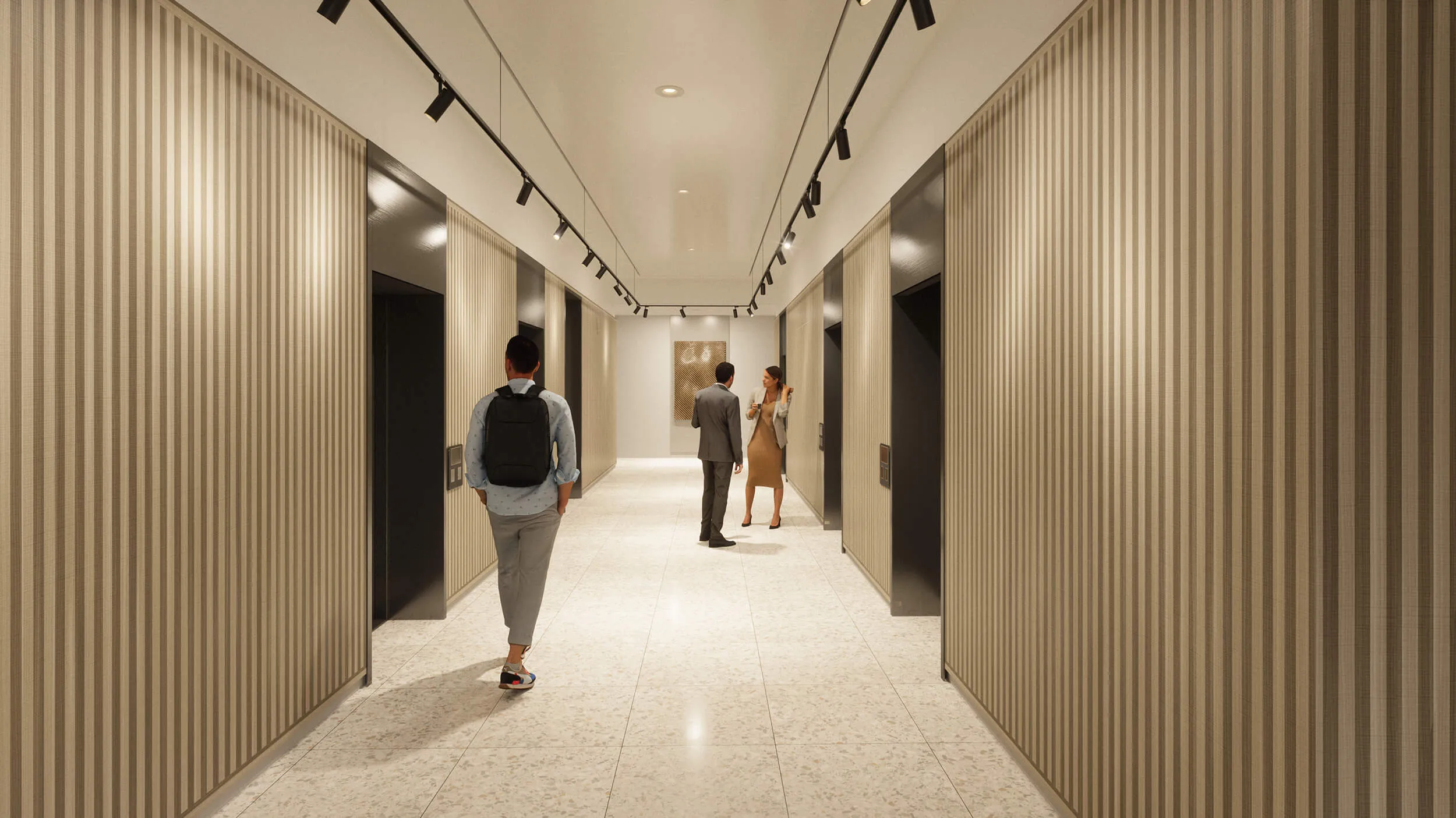 A hallway in New Yards Haymarket, Edinburgh, with people walking, showcasing the building's modern design