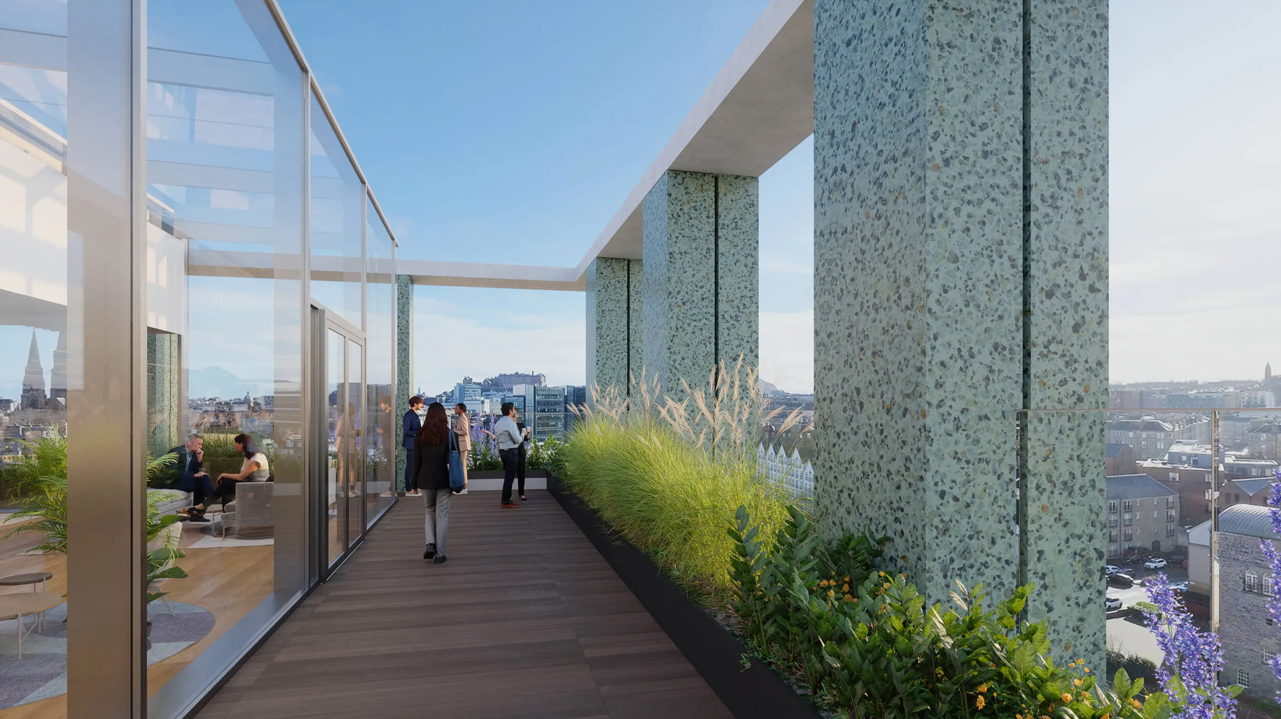 Rendering of the rooftop terrace at New Yards Haymarket with city views in Edinburgh.