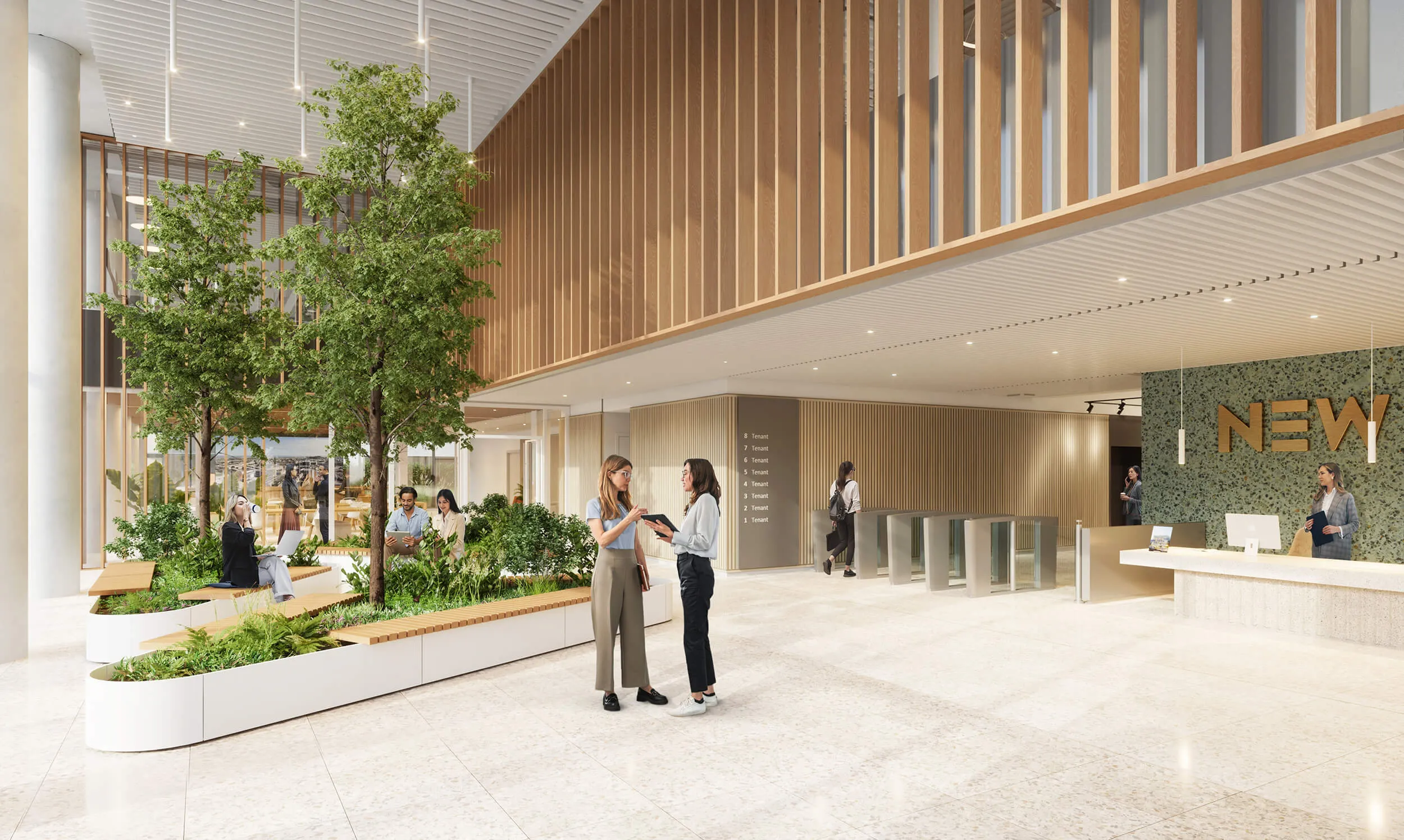 Reception area with indoor planting and seating areas