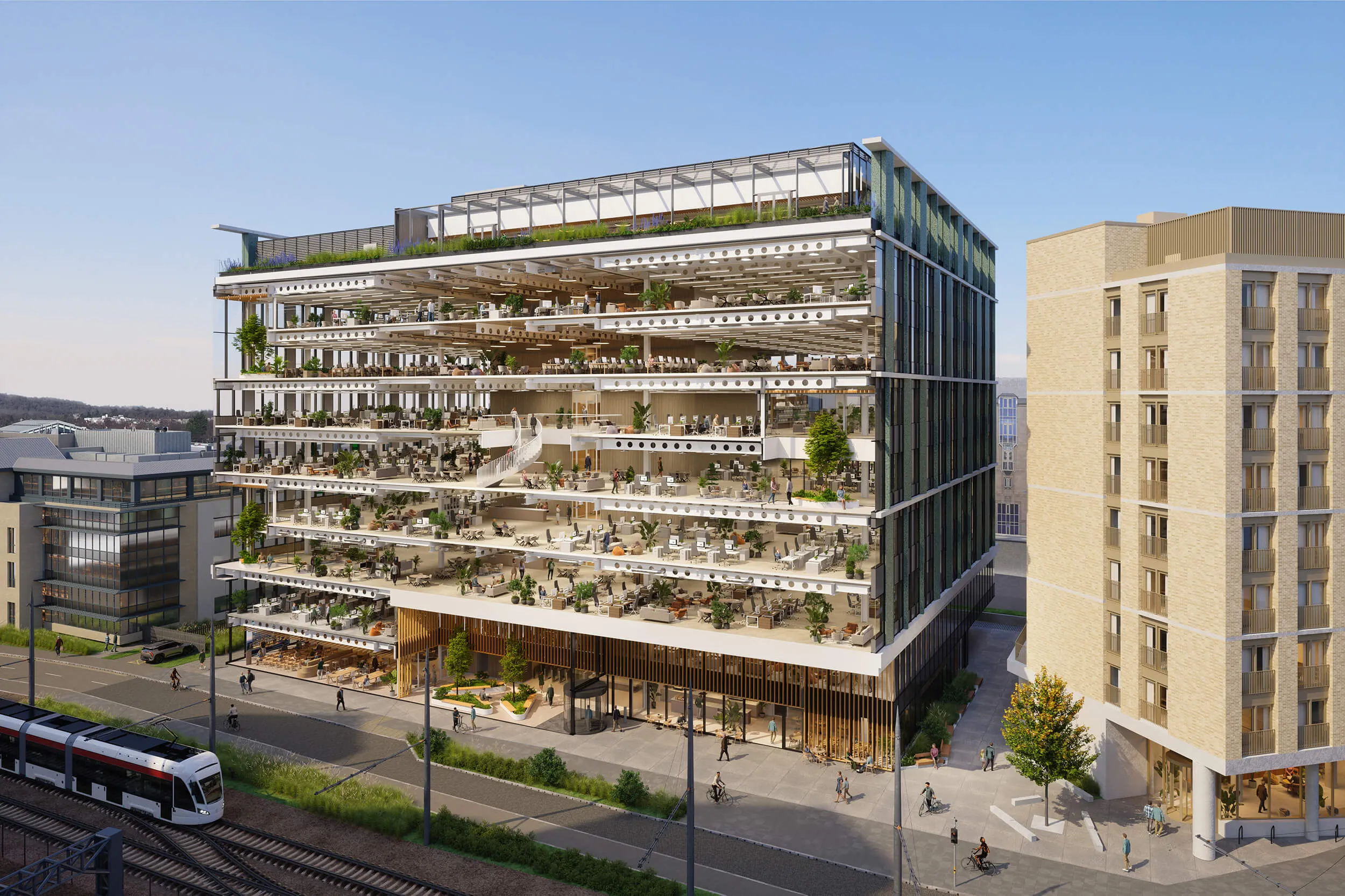 Rendering of the New Yards Haymarket building in Edinburgh, showcasing all floor levels of the new property development.