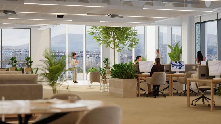 Bright office space at New Yards Haymarket with ergonomic workstations, integrated greenery, and floor-to-ceiling windows offering views over Edinburgh.
