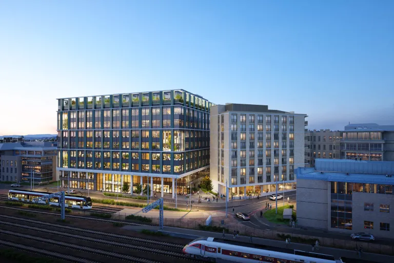Rendering of the New Yards Haymarket building in Edinburgh at dusk
