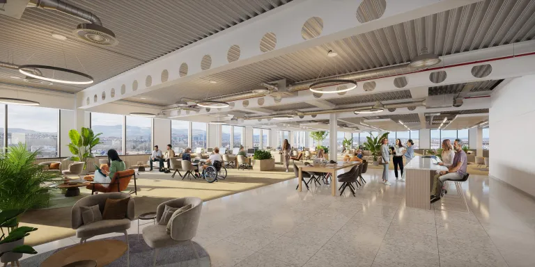Spacious open-plan office at New Yards Haymarket with panoramic city views, collaborative seating areas, large windows, and modern industrial-style ceiling design.